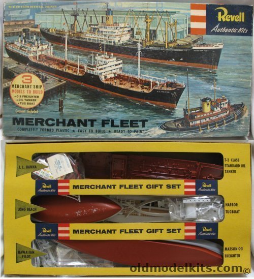 Revell Merchant Fleet Gift Set 'S' Kit - C3 Freighter 'Hawaiian Pilot' - Standard Oil of California T-2 Tanker 'J.L. Hanna'  - Harbor Tug ' Long Beach' - with Glue / Paint / Brush, G332-495 plastic model kit